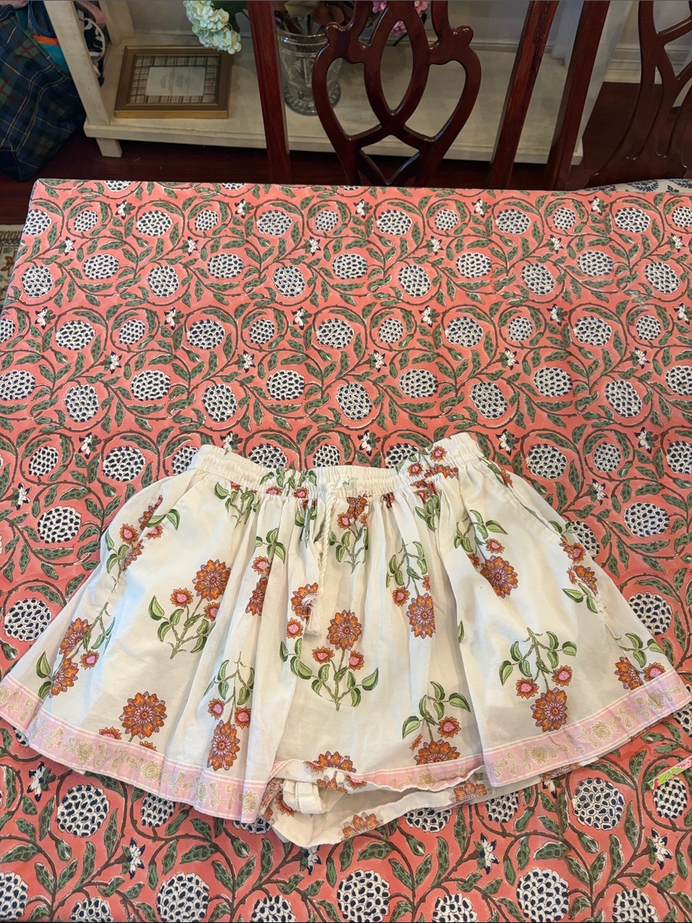 White Floral Cotton Skirt with Pink Trim